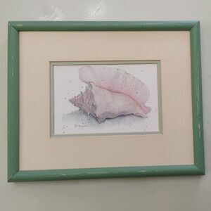 D. Morgan Lithograph Framed Print Conch Shell Coastal Theme Green distressed